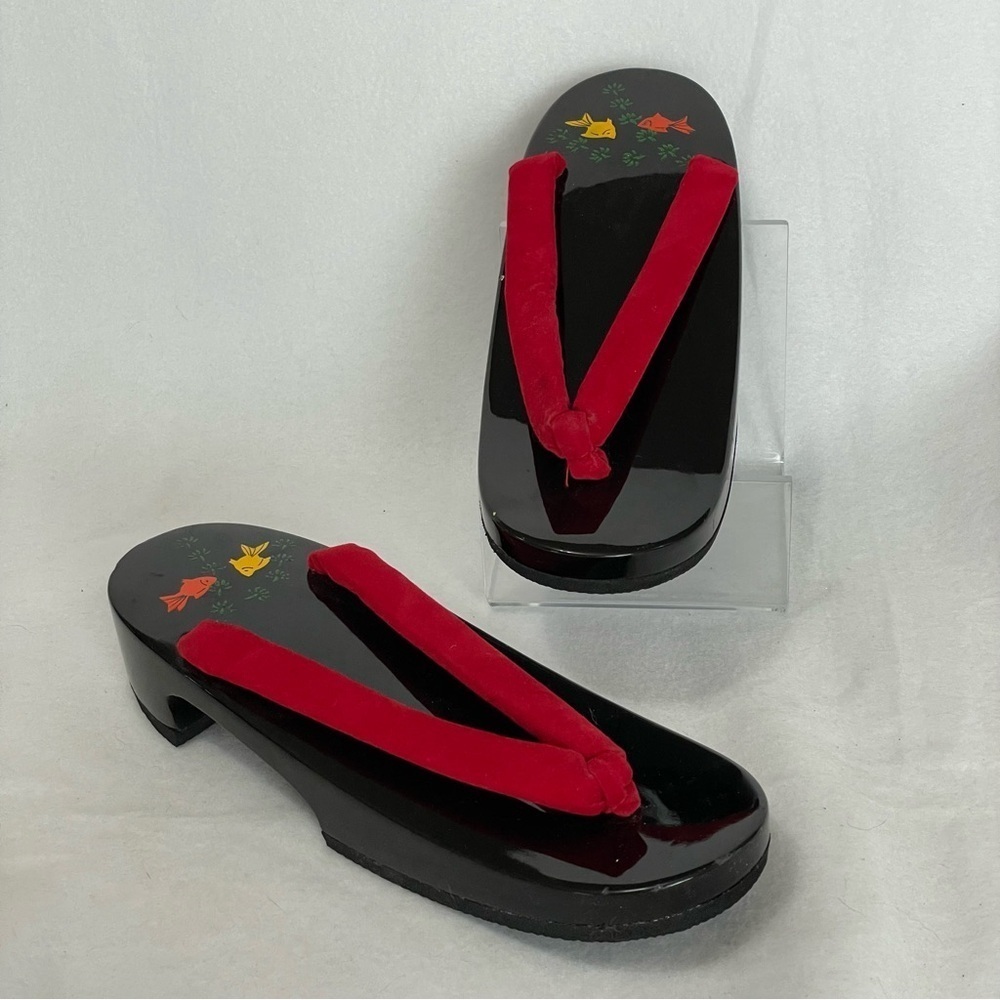 Black Lacquer Hand‎ Painted Orange Yellow Fish Vintage Japanese Geta Sandals